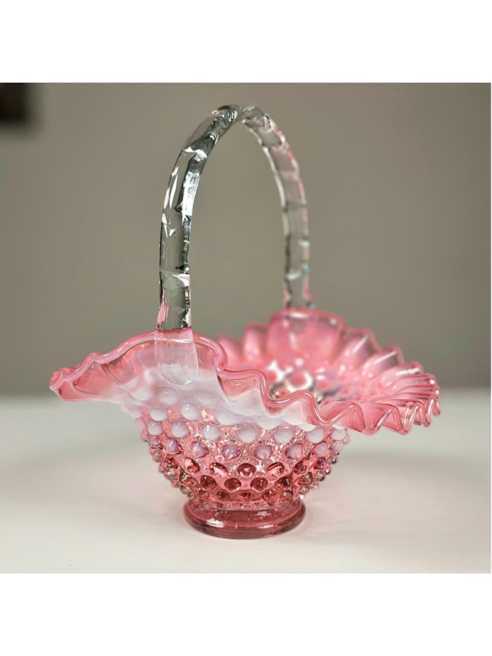 Vintage Fenton Cranberry Opalescent Hobnail Glass Basket 7" Ruffled #389 Mint
